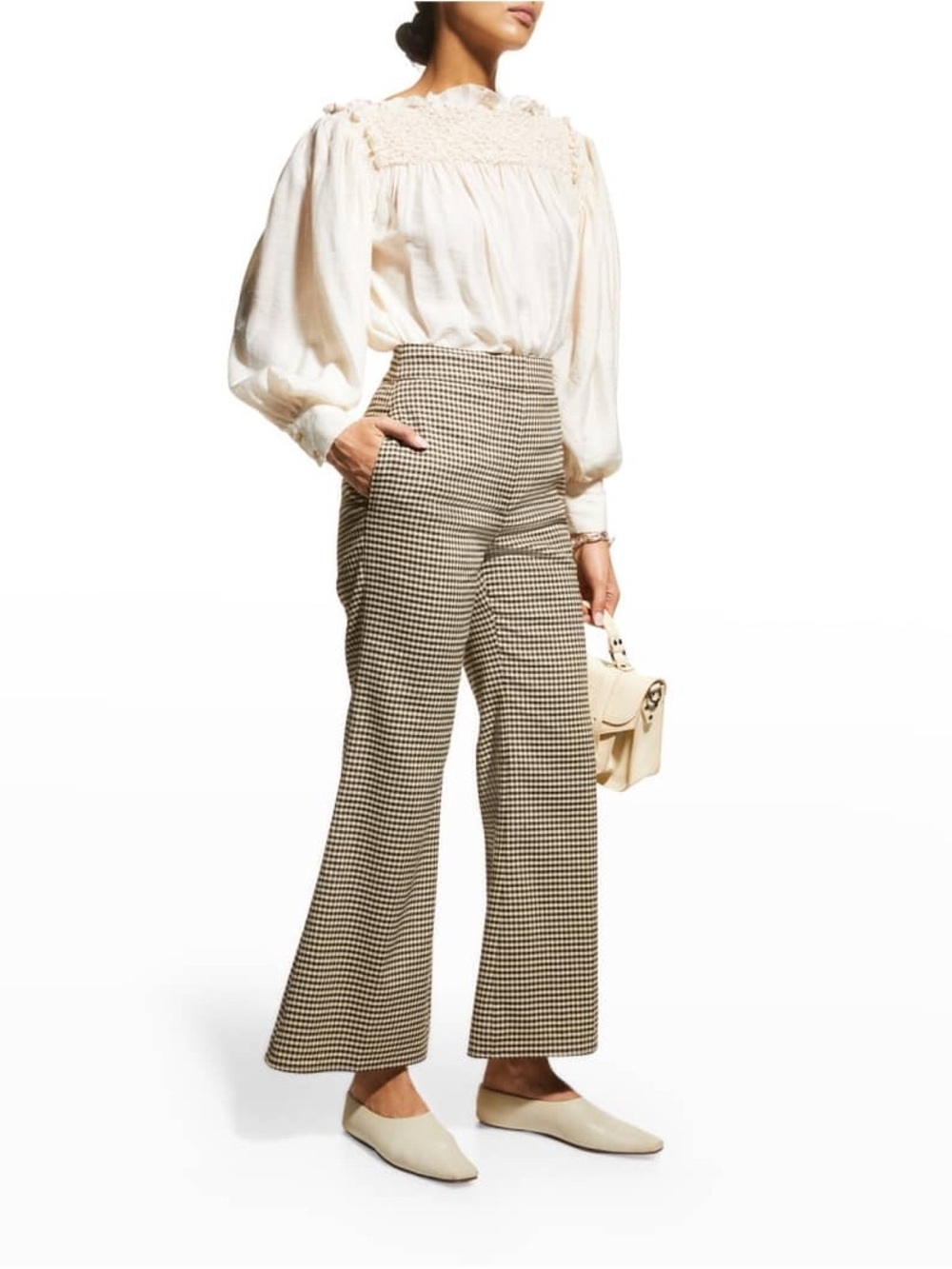 Rebecca Taylor High-Rise Houndstooth Wide-Leg Pants in Beige and Black
